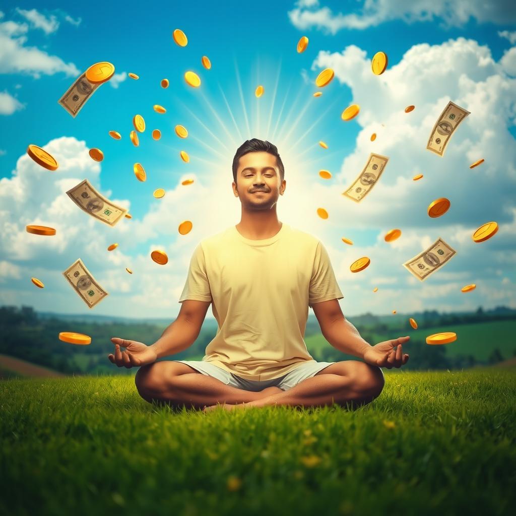 A captivating scene of a person meditating in a serene environment, channeling energy and attracting money with their mind