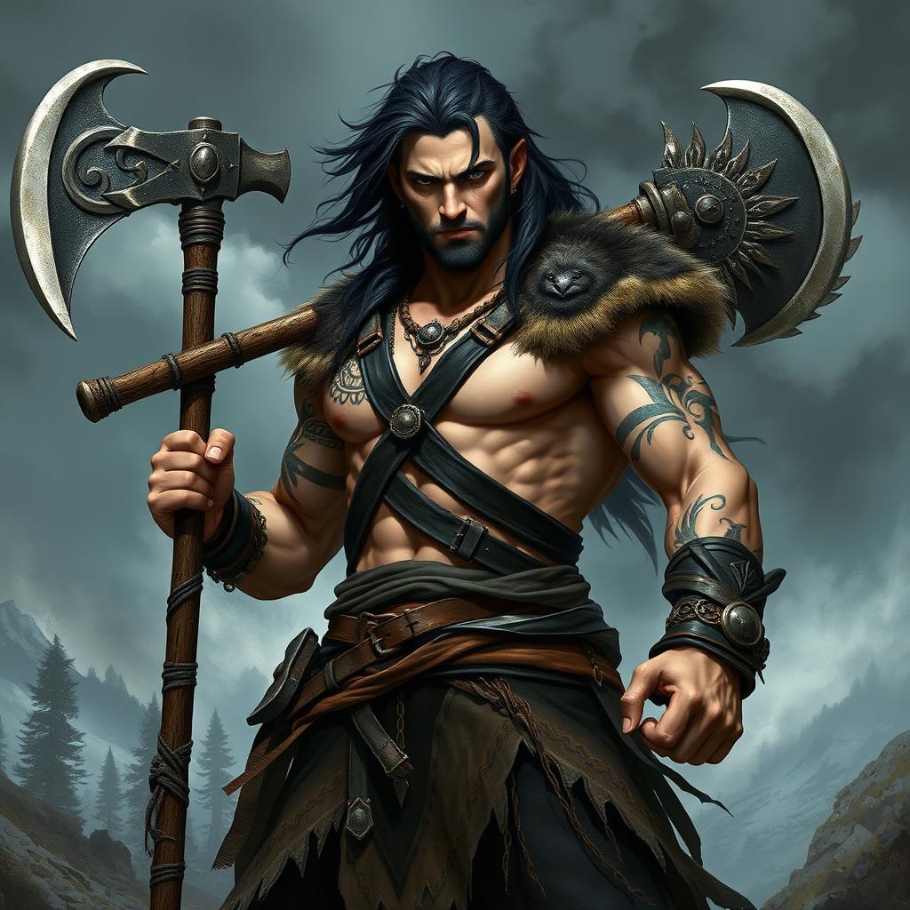 A powerful male Dhampir barbarian warrior standing proudly in a rugged, wild terrain