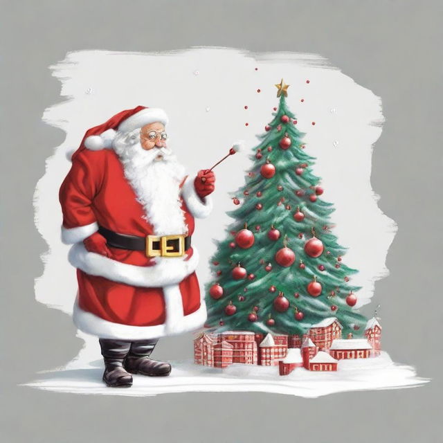 Santa Claus in his traditional red outfit, spray painting a detailed Christmas tree on a blank city wall