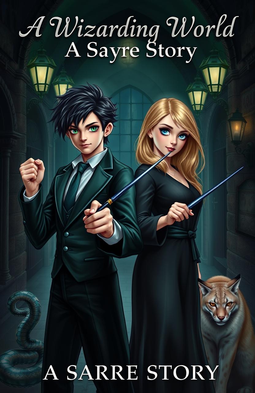A book cover depicting two young adults standing side by side in a determined dueling stance, each holding a magical wand
