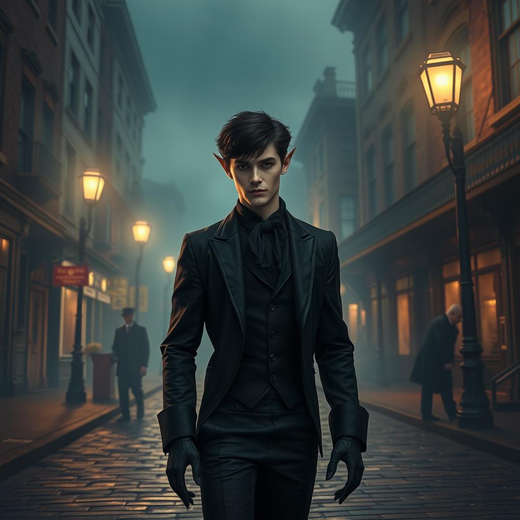 A humanoid demon resembling an 18-year-old young man with striking black hair and dressed entirely in dark attire, without any horns, standing on the cobblestone streets of a vibrant 1800s city