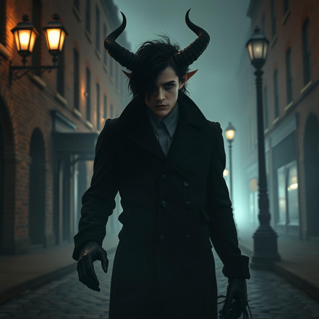 A demon in human form, resembling an 18-year-old young man with black hair, dressed in all-black clothing, walking through the streets of a city from the 1800s