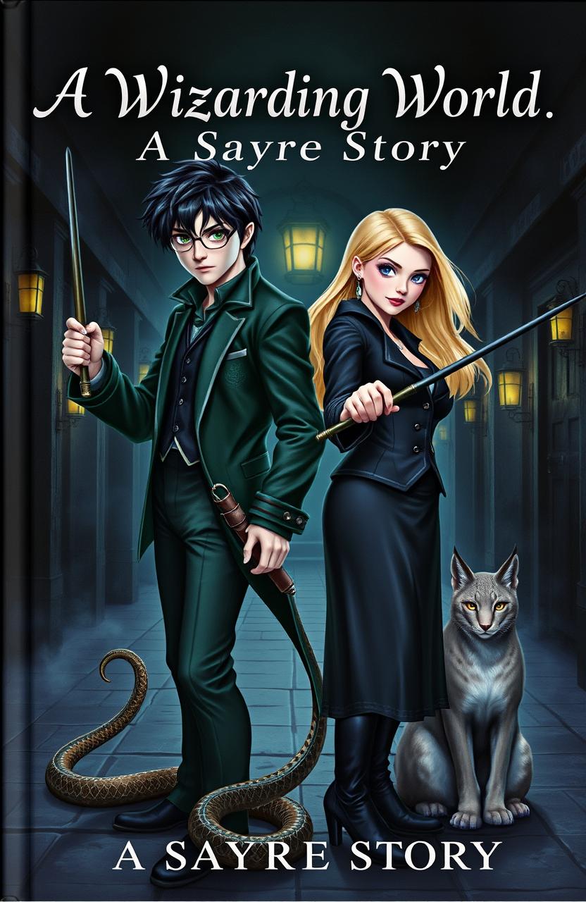 Book cover featuring two adults standing side by side in determined dueling stances, holding magical wands