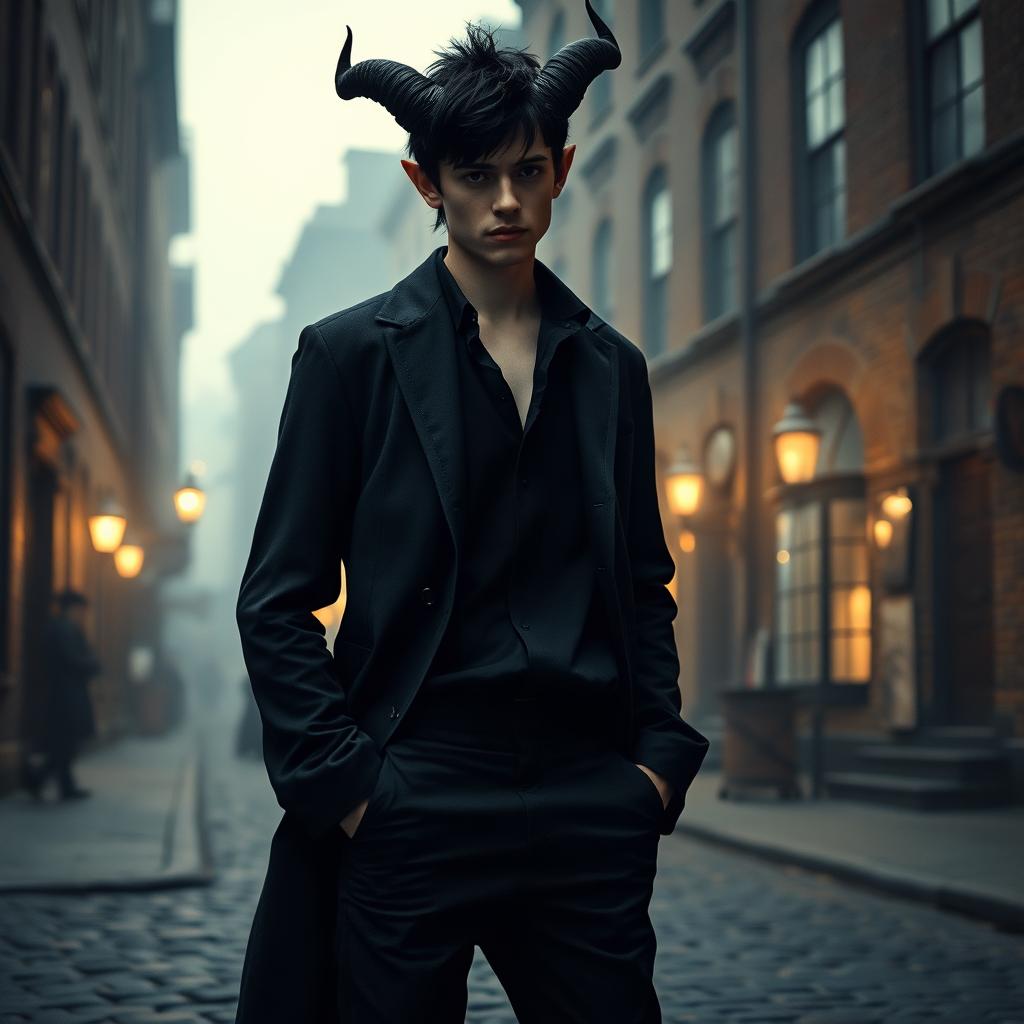 A demon in human form, resembling an 18-year-old young man with black hair, dressed in all-black clothing, casually standing with his hands in his pockets on the streets of a city from the 1800s