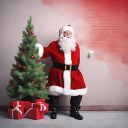 Santa Claus in his traditional red outfit, spray painting a detailed Christmas tree on a blank city wall