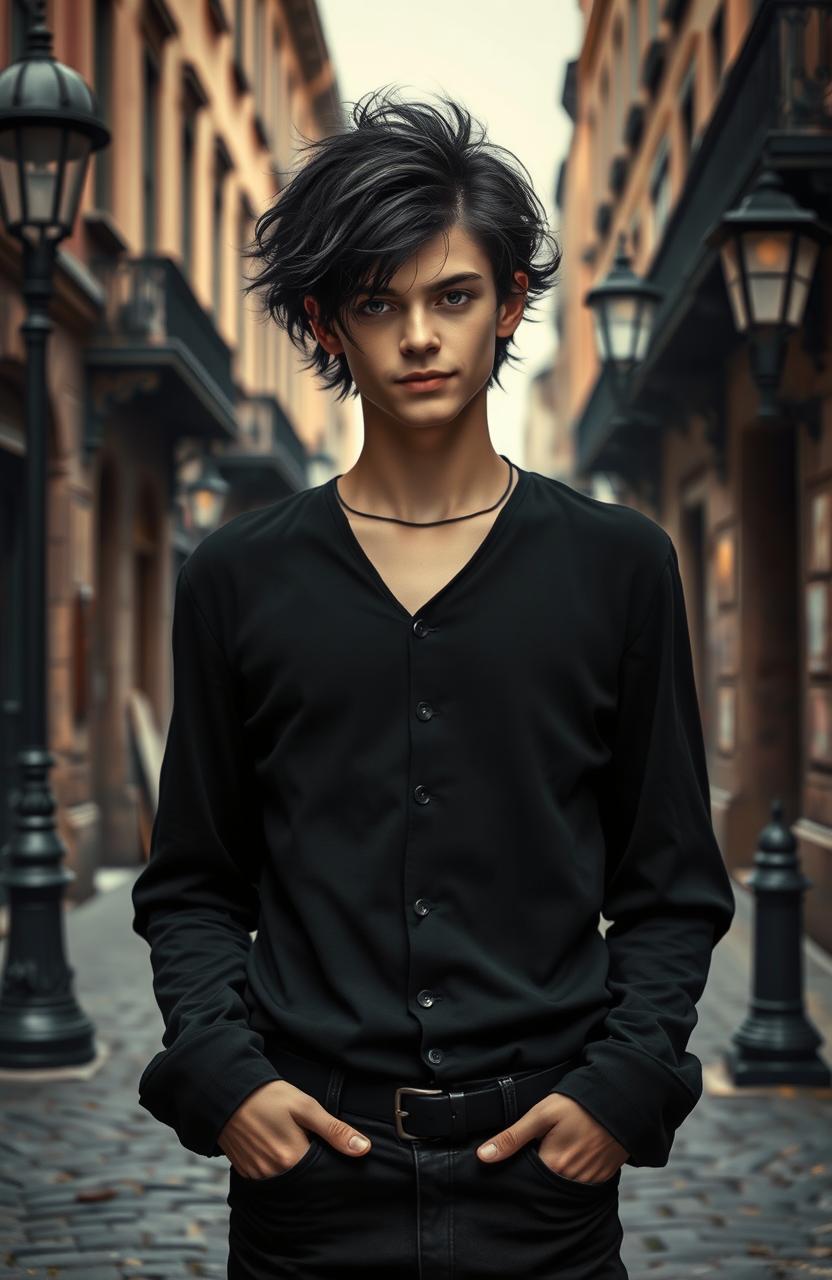 A young 18-year-old man with black hair wearing all black clothing, exuding a cold gaze and a slight wicked smile