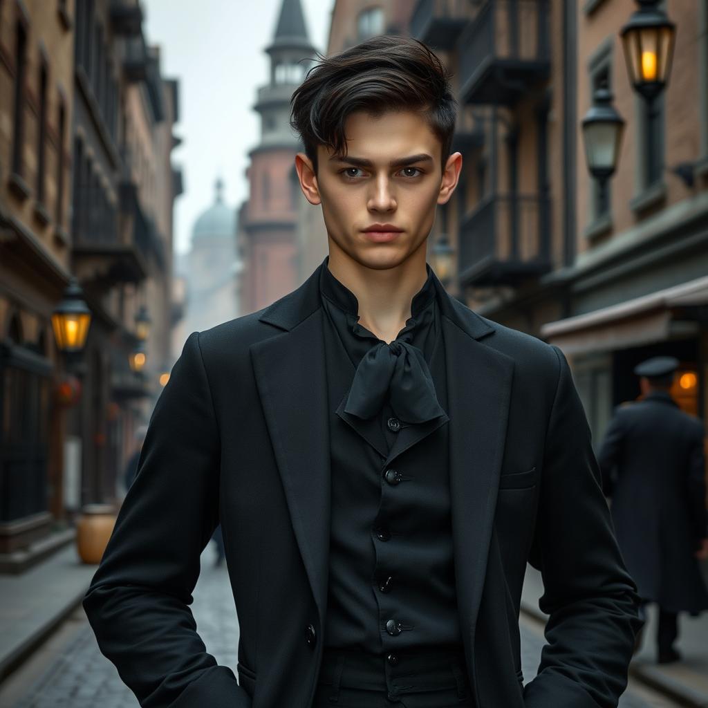 A young 18-year-old man with black hair dressed in all black clothing, featuring a cold stare and a slight wicked smile