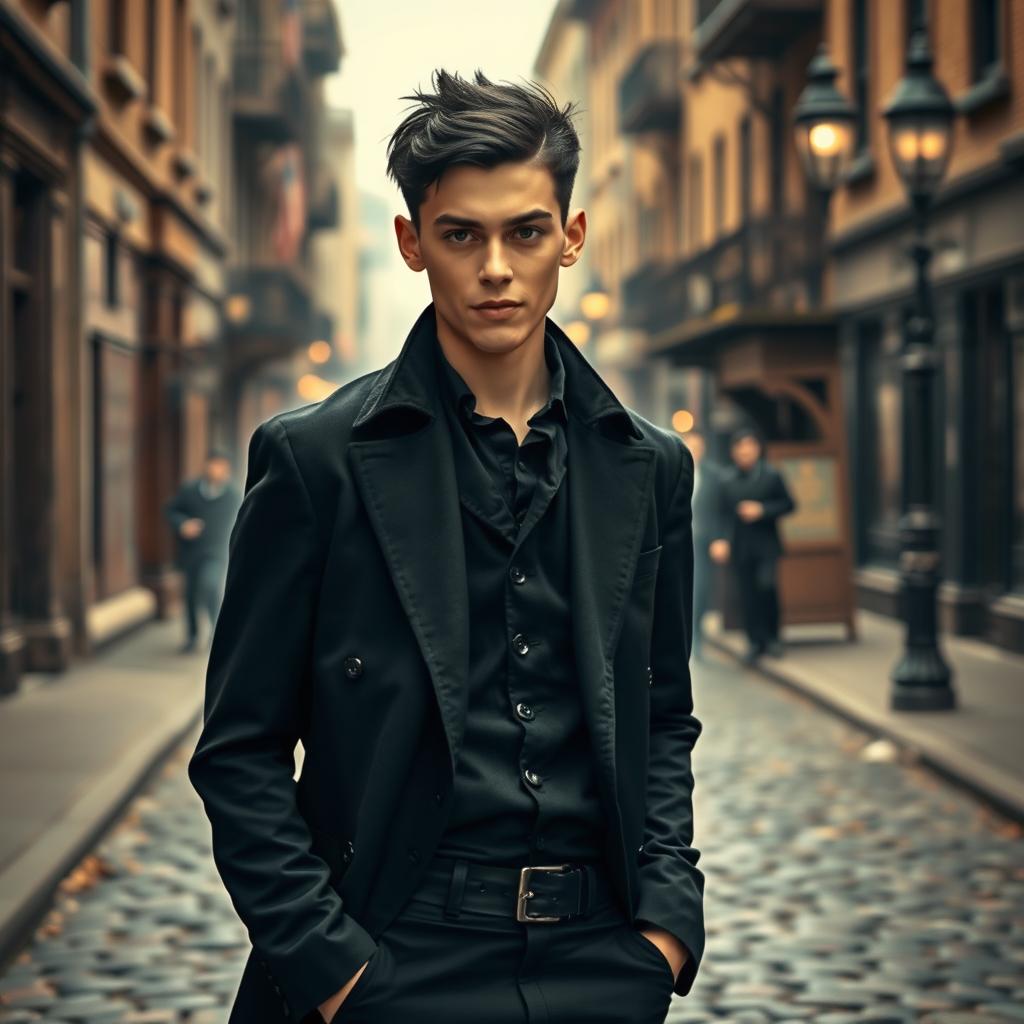 A young 18-year-old man with black hair dressed in black attire, featuring a cold expression and a subtle wicked smile
