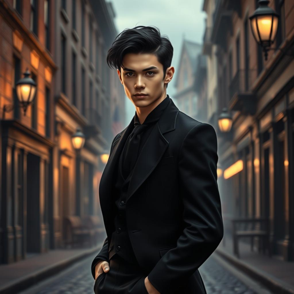 A handsome young man of 18 years with sleek black hair, dressed in stylish black clothing, embodying a cold gaze and a subtle wicked smile