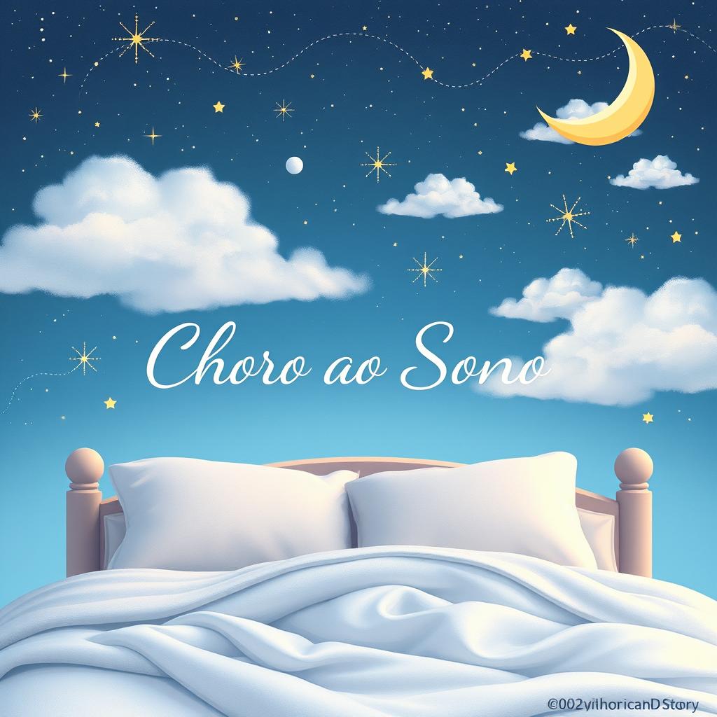 A beautifully designed book cover for 'Choro ao Sono', featuring a dreamy night sky filled with twinkling stars, soft clouds, and a whimsical crescent moon