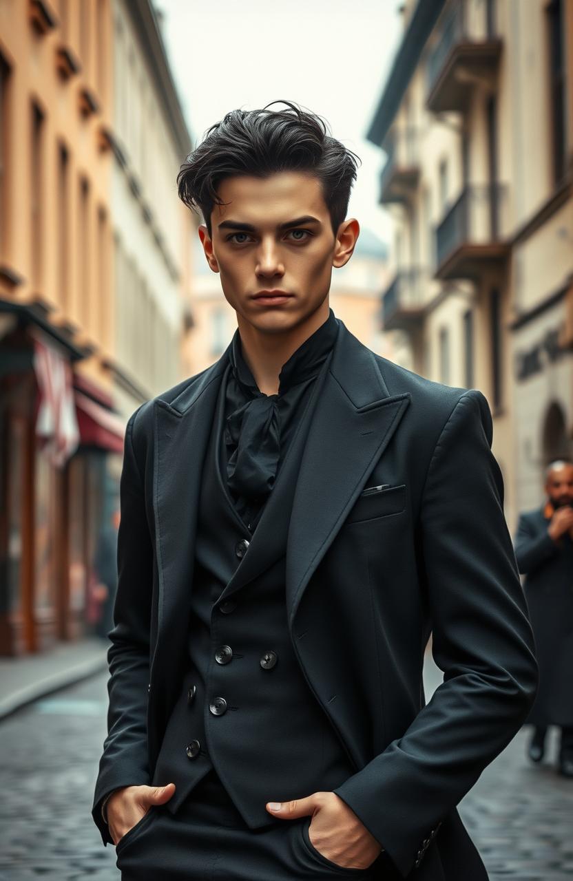 A handsome 18-year-old young man with black hair, dressed in elegant black clothing, exuding a cold gaze and a subtle wicked smile