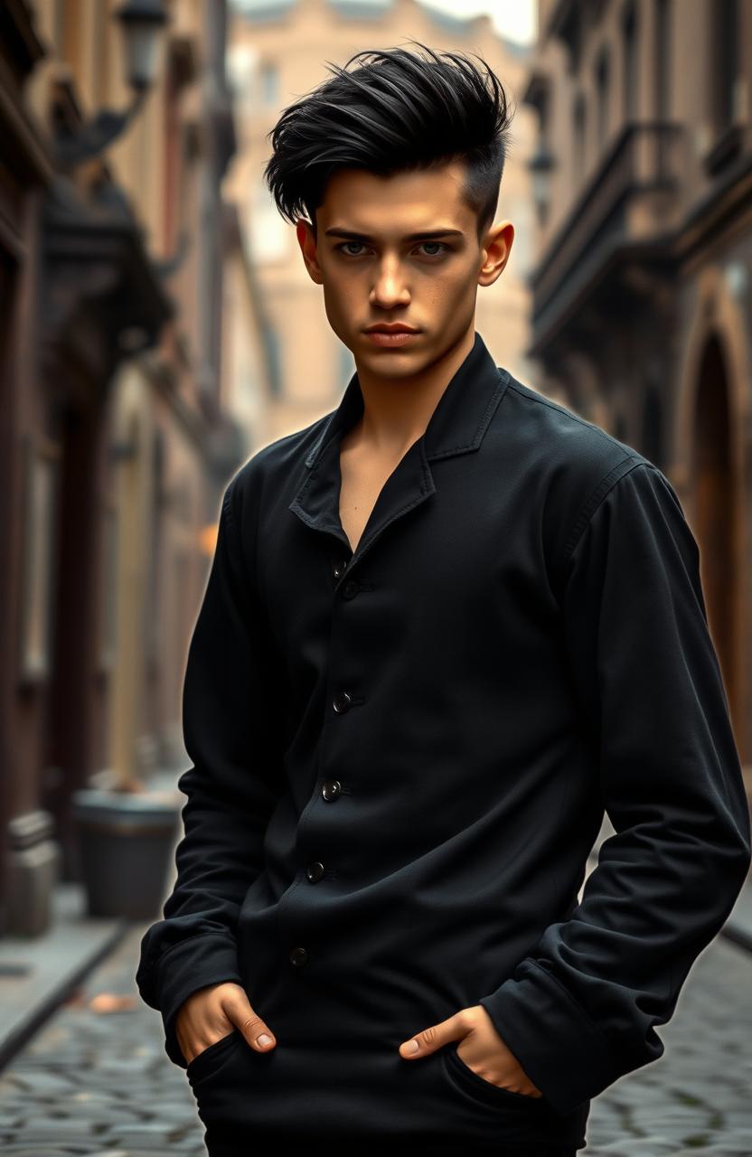 An attractive 18-year-old young man with black hair, dressed in all black clothing, featuring a cold gaze and a small wicked smile