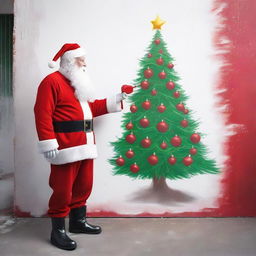 Santa Claus in his traditional red outfit, spray painting a detailed Christmas tree on a blank city wall