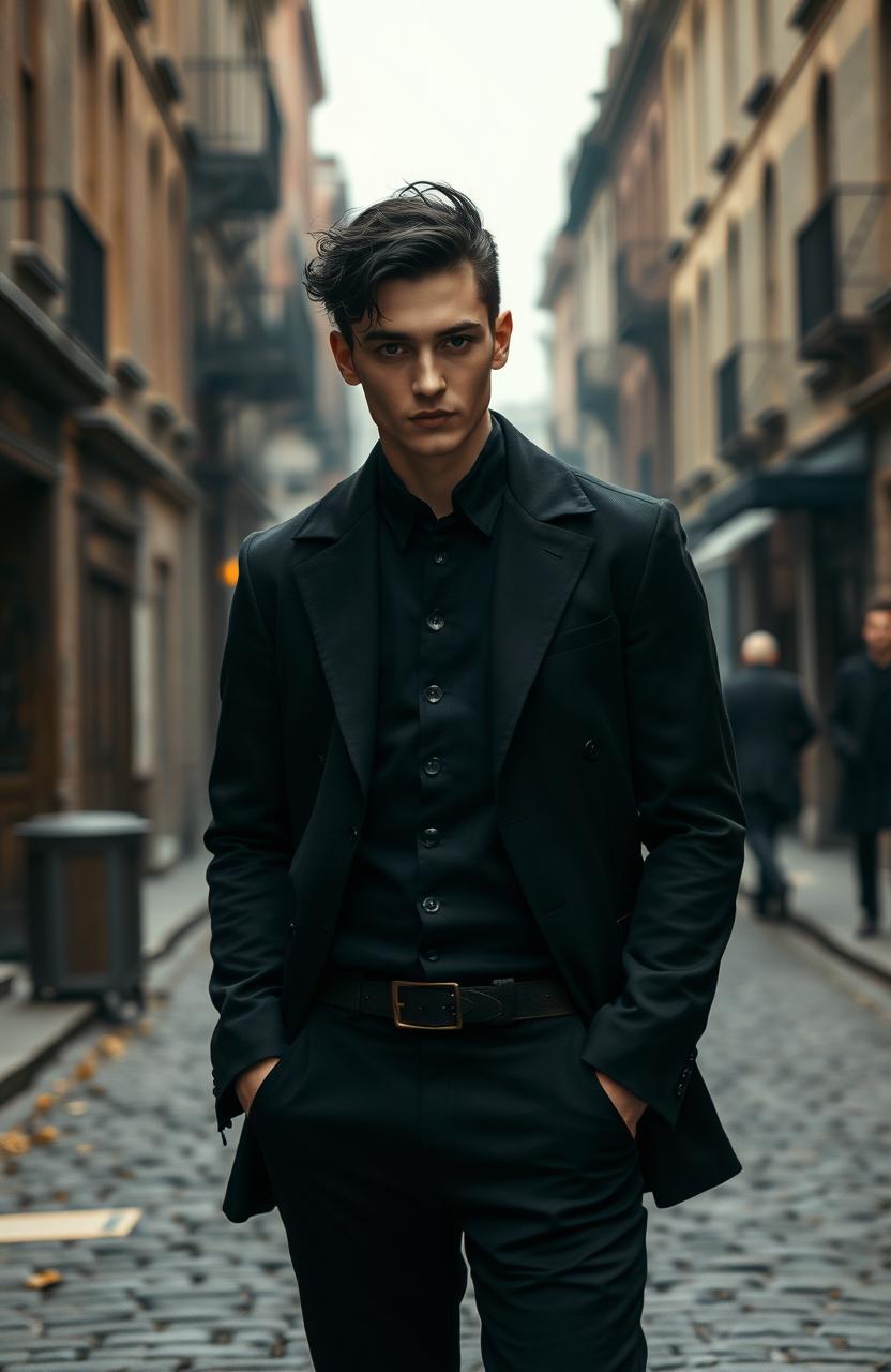 A handsome 18-year-old young man wearing all black clothing, with black hair, a cold gaze, and a small wicked smile
