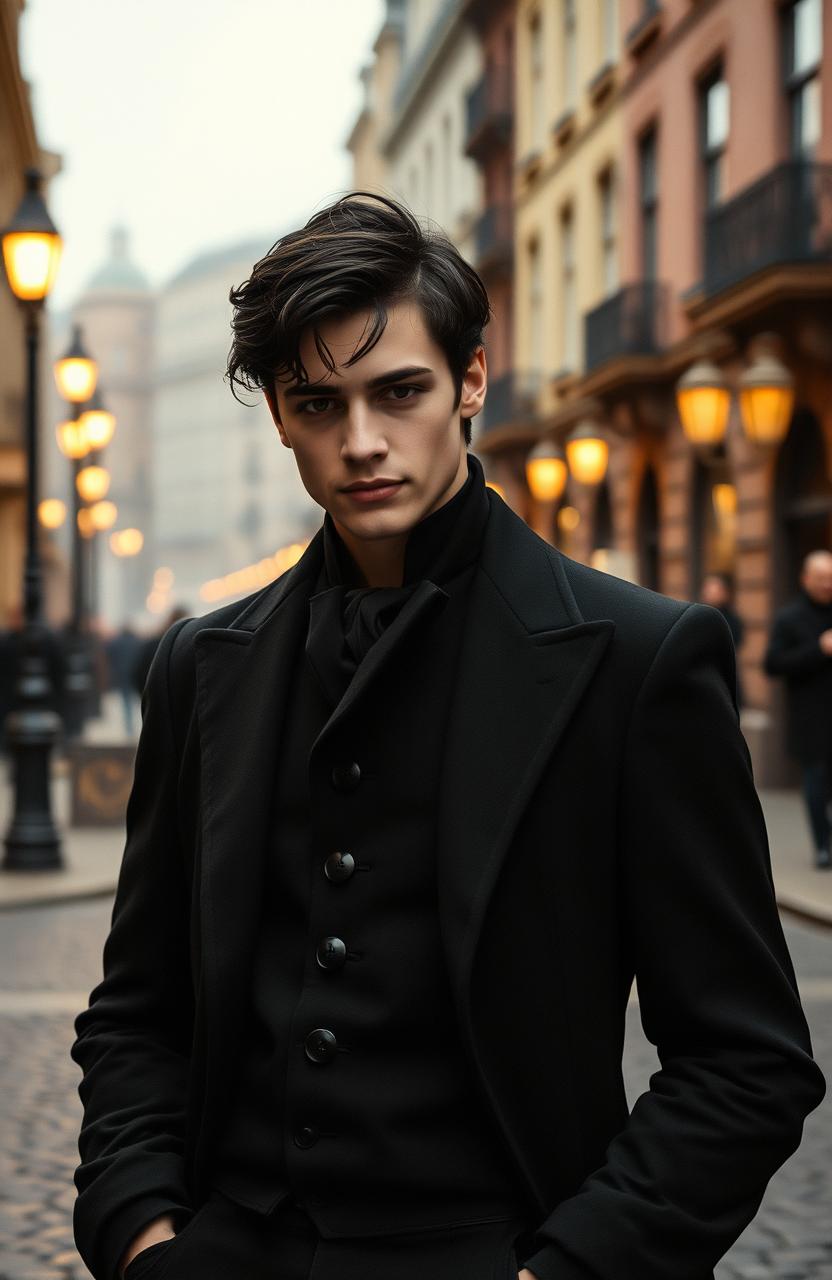A handsome young man, appearing 18 years old, with dark hair and a cold expression paired with a small wicked smile