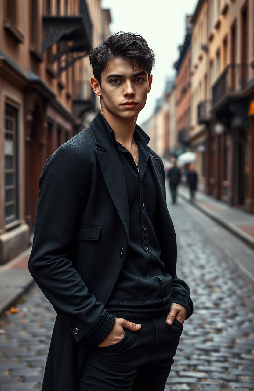 A handsome young man, looking around 18 years old with a youthful face, dressed in black clothing