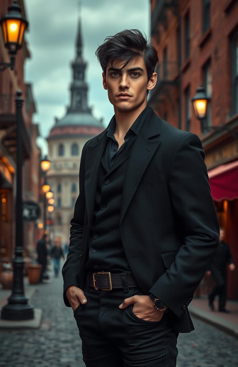 A handsome young man, 18 years old, with a distinctly American face, wearing black clothing and having black hair