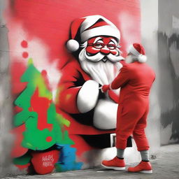 Santa Claus in his signature red suit, spray painting a graffiti-styled Christmas tree with vibrant colours and stylized strokes on a blank public wall in an urban setting.