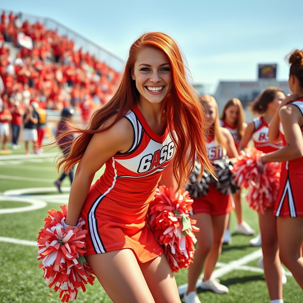A spirited redhead cheerleader in vibrant cheerleading attire, with a stylish uniform featuring a bright color scheme and pom-poms, bending over playfully while engaging with teammates on a sunny football field