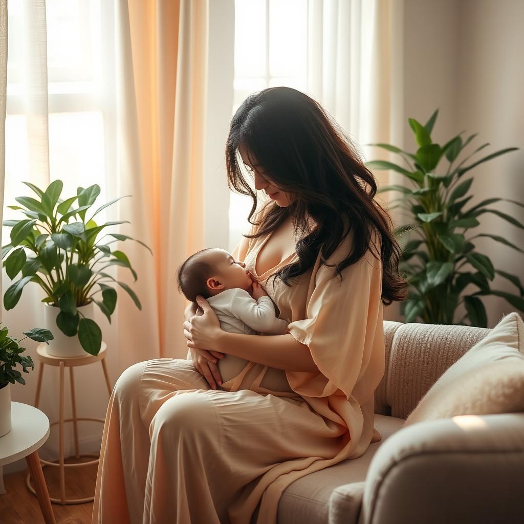 A serene and intimate scene of a breastfeeding mother sitting in a cozy, softly lit room