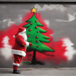 Santa Claus in his signature red suit, spray painting a graffiti-styled Christmas tree with vibrant colours and stylized strokes on a blank public wall in an urban setting.