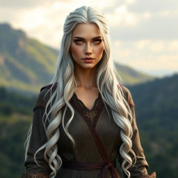 A beautiful athletic female Aasimar with striking golden eyes and long flowing silver hair, dressed in elegant medieval travel clothes that perfectly fit her athletic physique