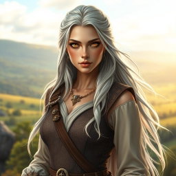 A beautiful athletic female Aasimar with striking golden eyes and long flowing silver hair, dressed in elegant medieval travel clothes that perfectly fit her athletic physique