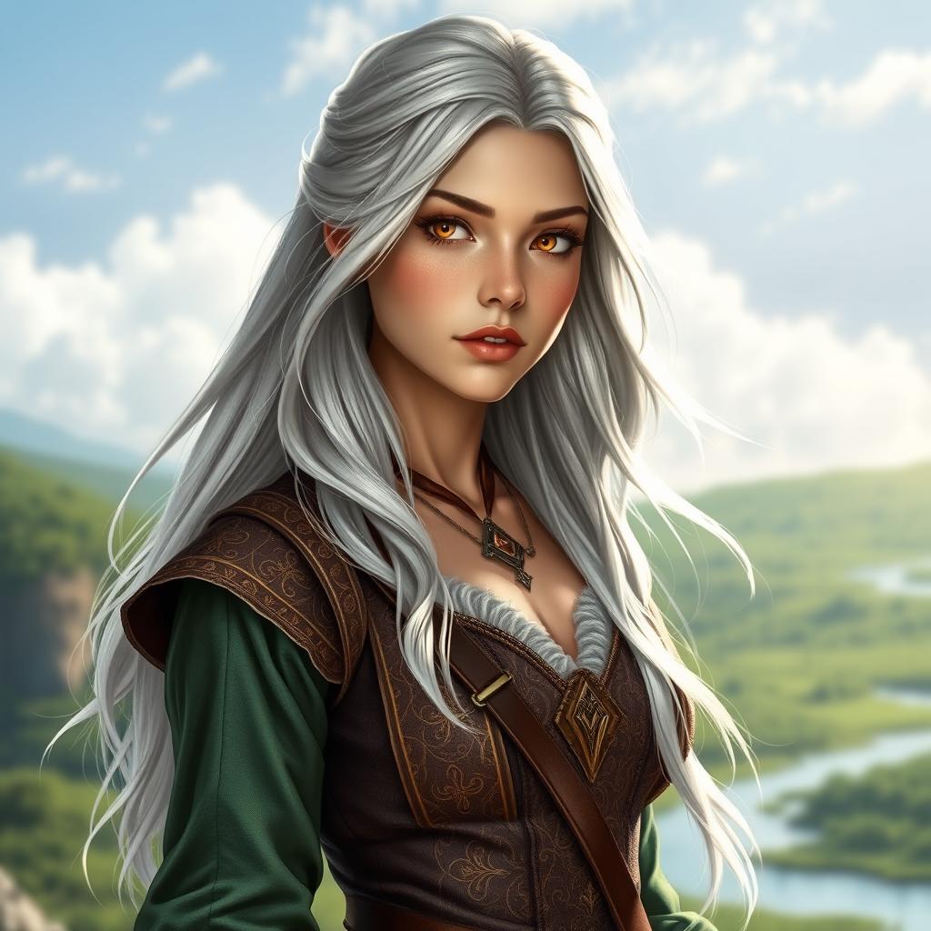 A beautiful athletic female Aasimar with striking golden eyes and long flowing silver hair, dressed in elegant medieval travel clothes that perfectly fit her athletic physique