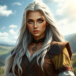 A beautiful athletic female Aasimar with striking golden eyes and long flowing silver hair, dressed in elegant medieval travel clothes that perfectly fit her athletic physique