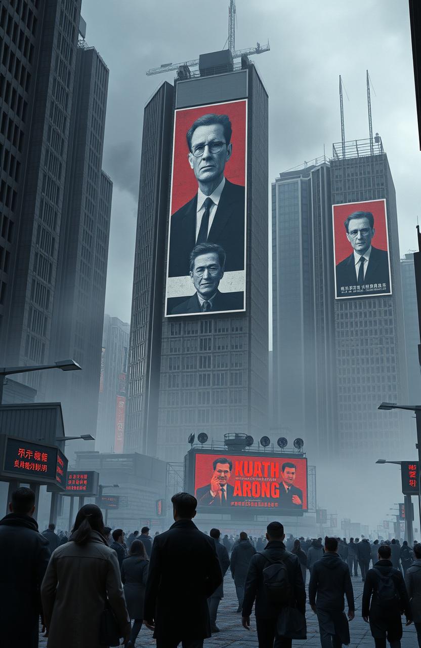 A dystopian cityscape inspired by George Orwell's '1984', featuring towering gray buildings with oppressive architecture, large posters of a totalitarian regime leader, a smog-filled sky, and citizens in drab clothing looking over their shoulders as they walk