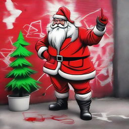 Santa Claus in his signature red suit, spray painting a graffiti-styled Christmas tree with vibrant colours and stylized strokes on a blank public wall in an urban setting.