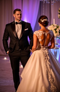 A muscular man in a stylish tuxedo standing confidently, showcasing his physique, while a bride in a beautiful wedding dress is seen from behind, with intricate details on her gown
