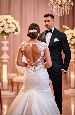 A muscular man in a stylish tuxedo standing confidently, showcasing his physique, while a bride in a beautiful wedding dress is seen from behind, with intricate details on her gown