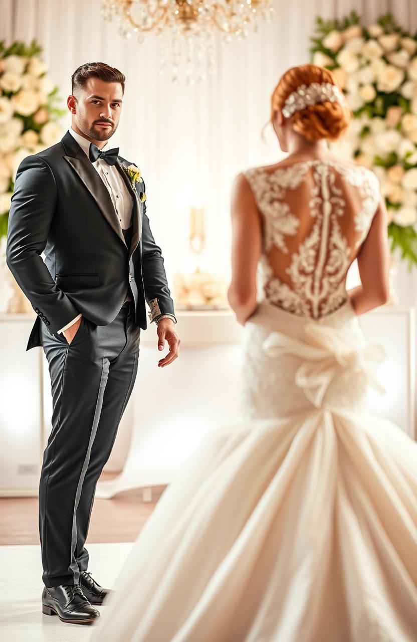 A muscular man in a stylish tuxedo standing confidently, showcasing his physique, while a bride in a beautiful wedding dress is seen from behind, with intricate details on her gown