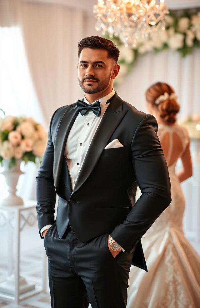 A muscular man in a stylish tuxedo standing confidently, showcasing his physique, while a bride in a beautiful wedding dress is seen from behind, with intricate details on her gown