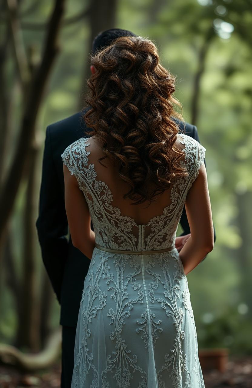 A mysterious man in a sharp suit standing elegantly beside a bride with flowing, curly hair, seen from behind