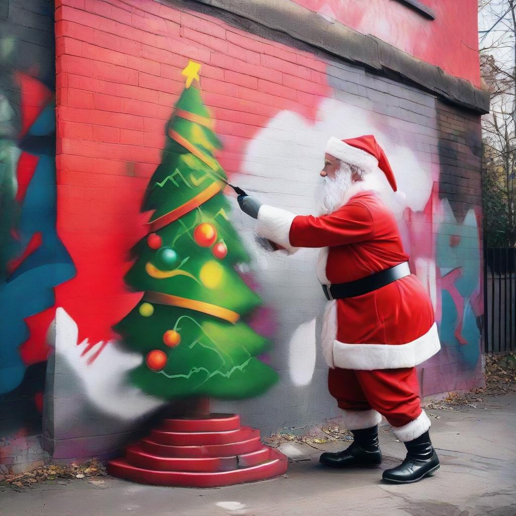 Santa Claus in his signature red suit, spray painting a graffiti-styled Christmas tree with vibrant colours and stylized strokes on a blank public wall in an urban setting.