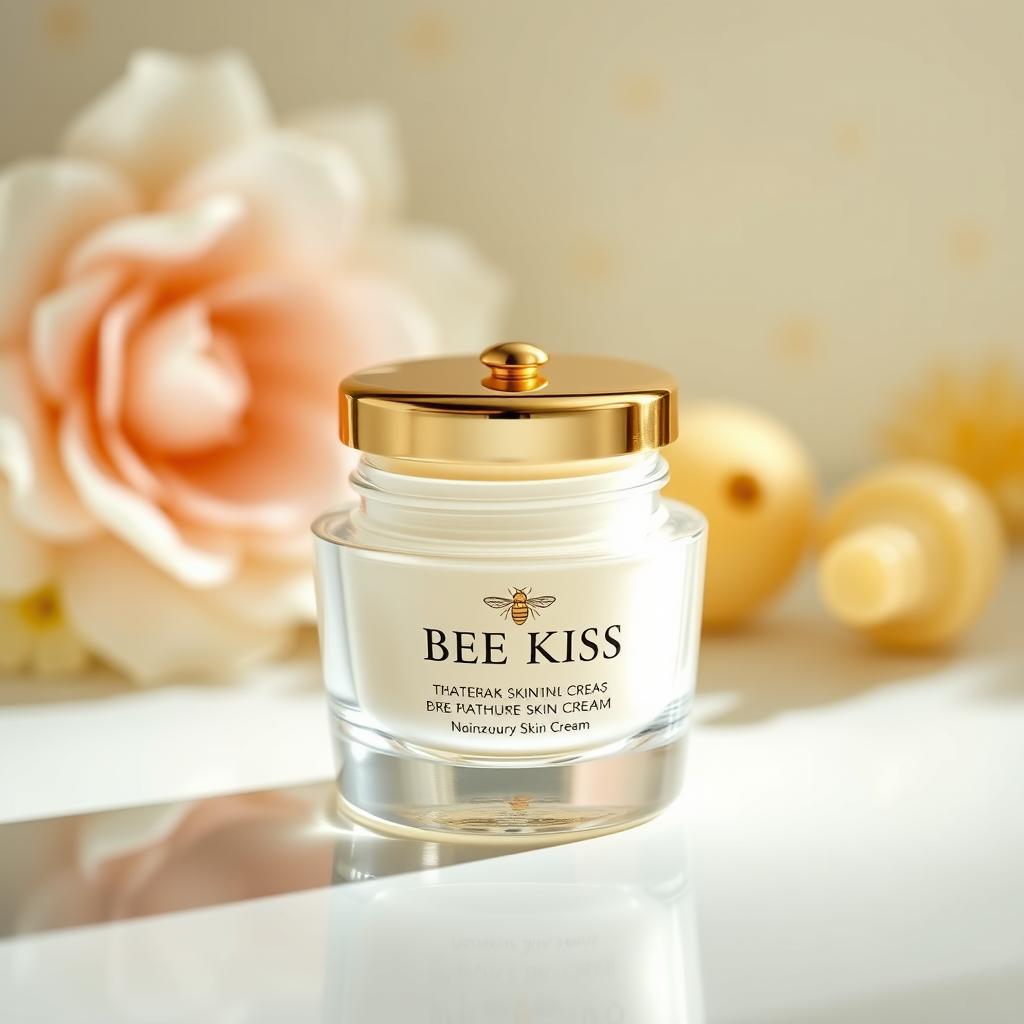 A visually appealing and elegant product display showcasing a luxurious skin cream from the brand 'Bee Kiss'
