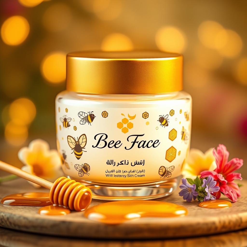 A beautifully designed skin cream jar labeled "Bee Face قبلة النحله" featuring a stylish and modern design