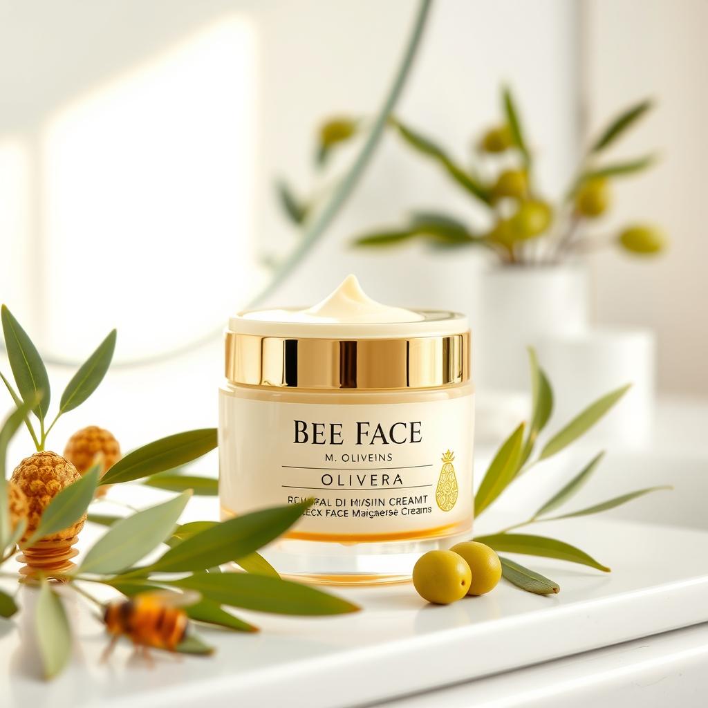A stylish and appealing product display for a skin cream brand named 'Bee Face' featuring Oliveira as a prominent ingredient