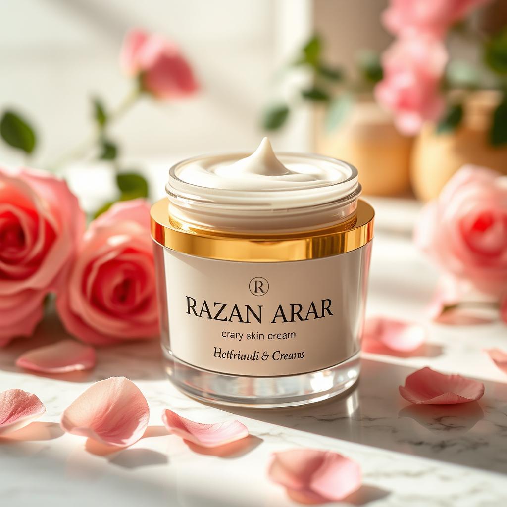 A luxurious skin cream jar labeled 'Razan Arar' elegantly displayed on a light marble surface, surrounded by delicate rose petals and soft natural light