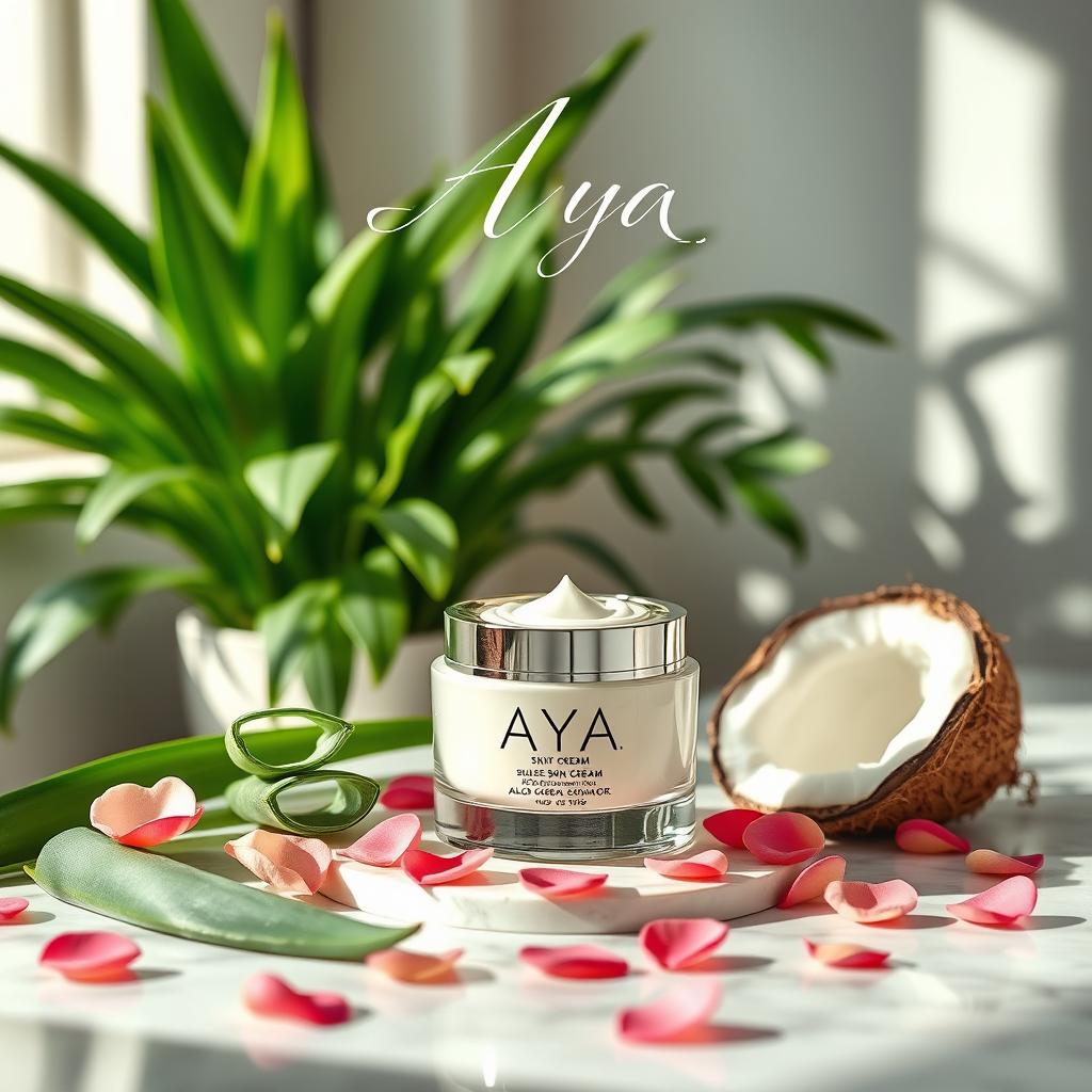 A luxurious skincare advertisement for the AYA skin cream brand, showcasing a stunning product display