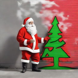 Santa Claus in his iconic red suit, actively creating a graffiti-style Christmas tree on a blank public wall in an urban backdrop