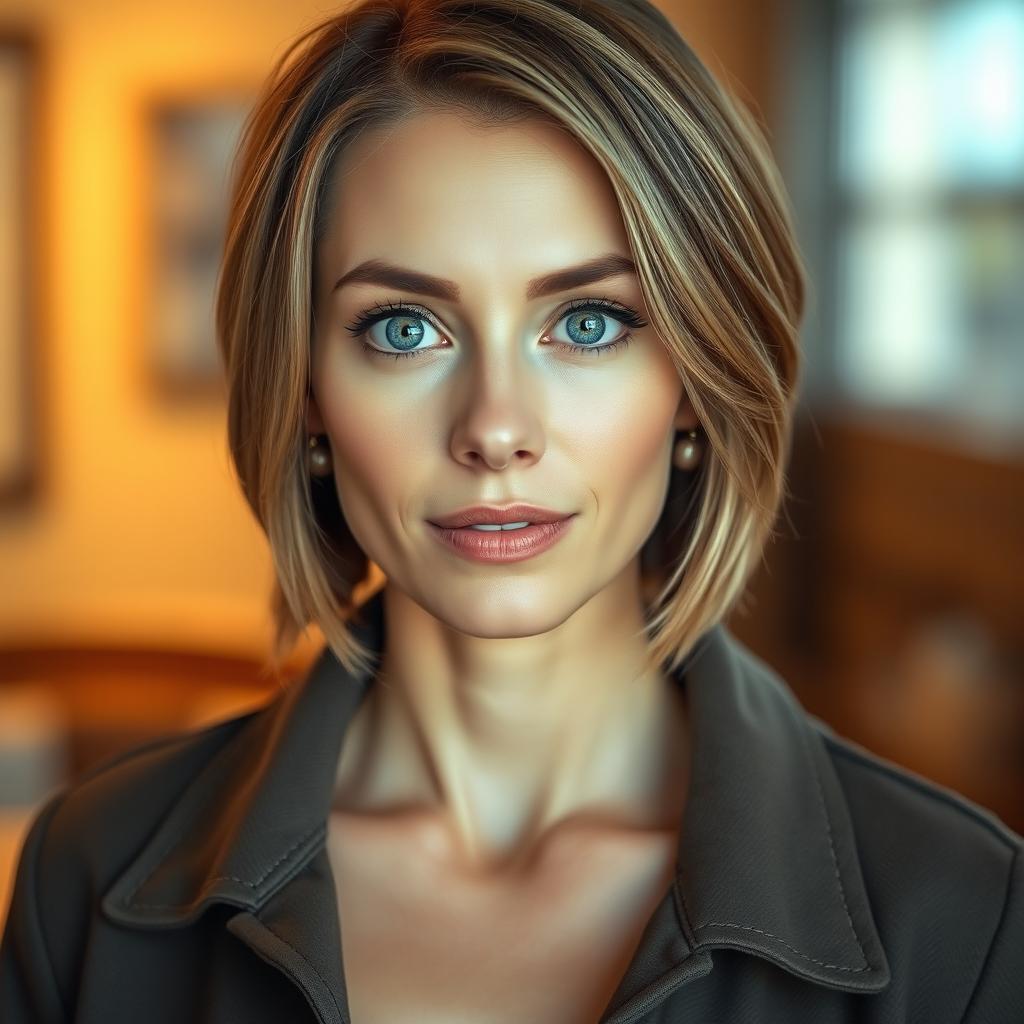 A portrait of a 35-year-old woman with big, striking light eyes and light brown hair styled in a medium to short cut