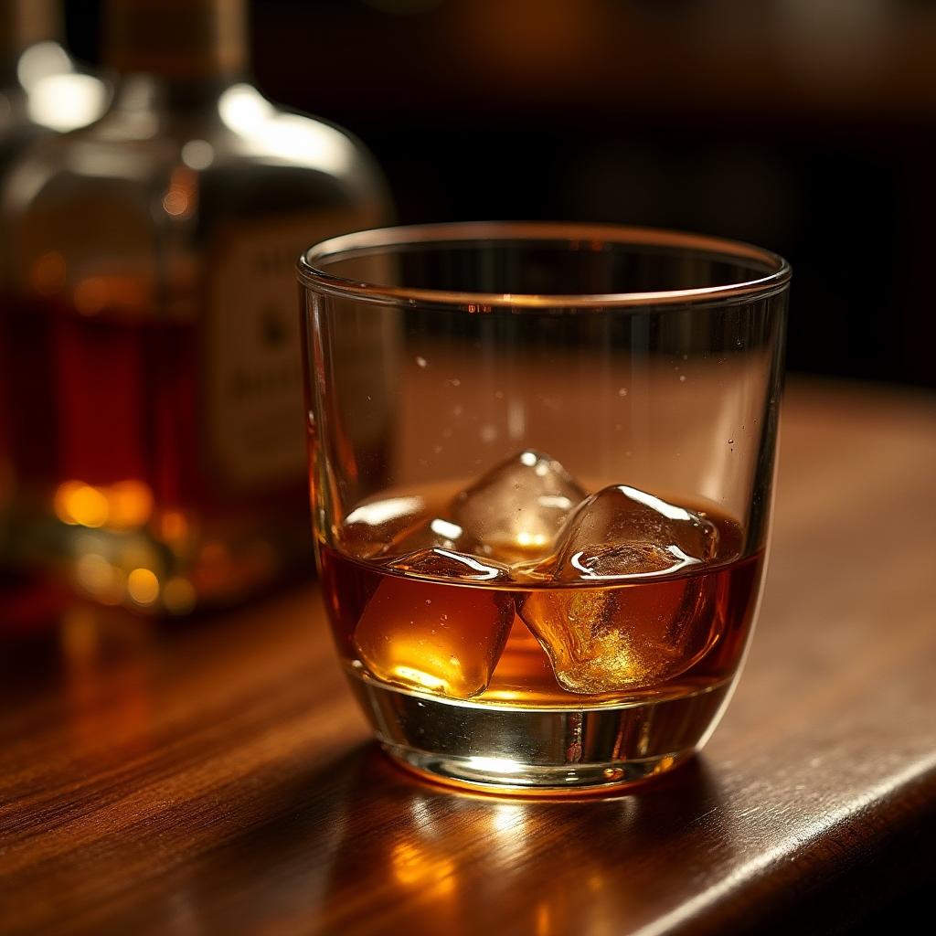 A close-up shot of a glass of whiskey tilted on a polished wooden bar counter, with golden amber liquid swirling inside the glass