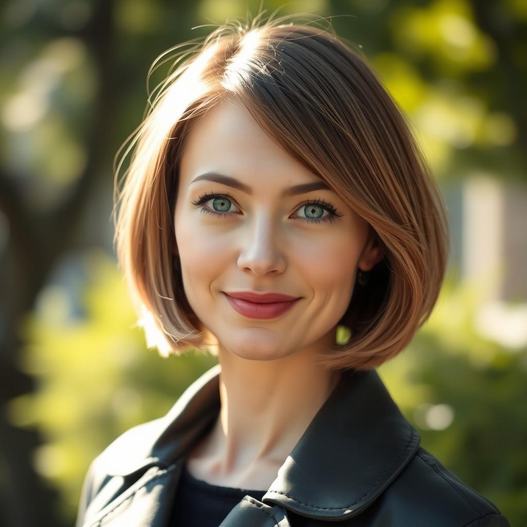 A 35 year old woman with big light eyes and light brown bob haircut, featuring a medium to short neck