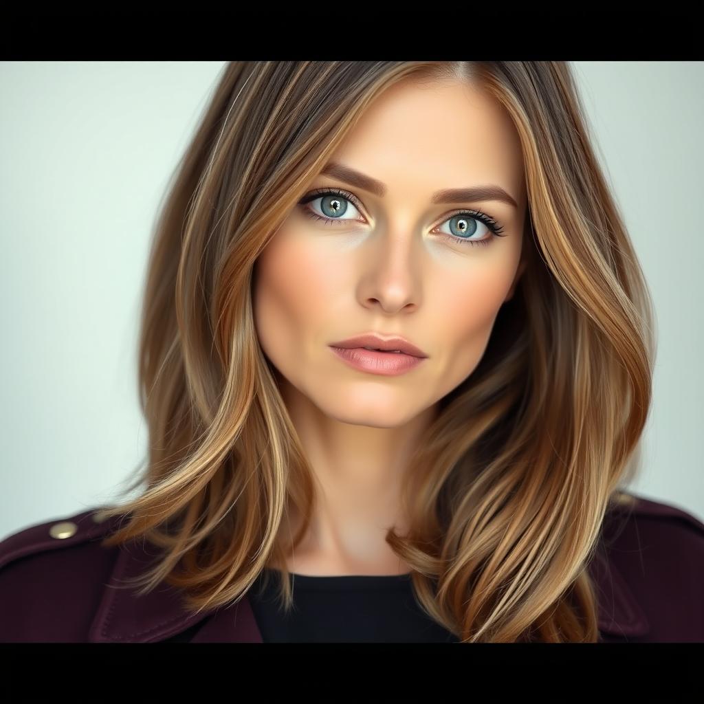A 35-year-old woman with striking big light eyes, cascading light brown hair resting on her shoulders, and a gracefully medium-length neck