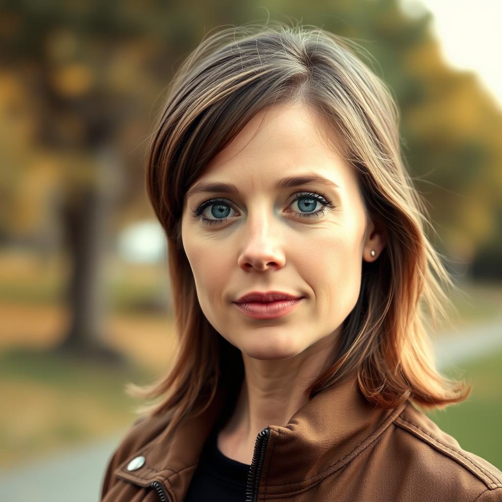 A long shot of a 35 year old woman with large, bright light blue eyes and shoulder-length light brown hair