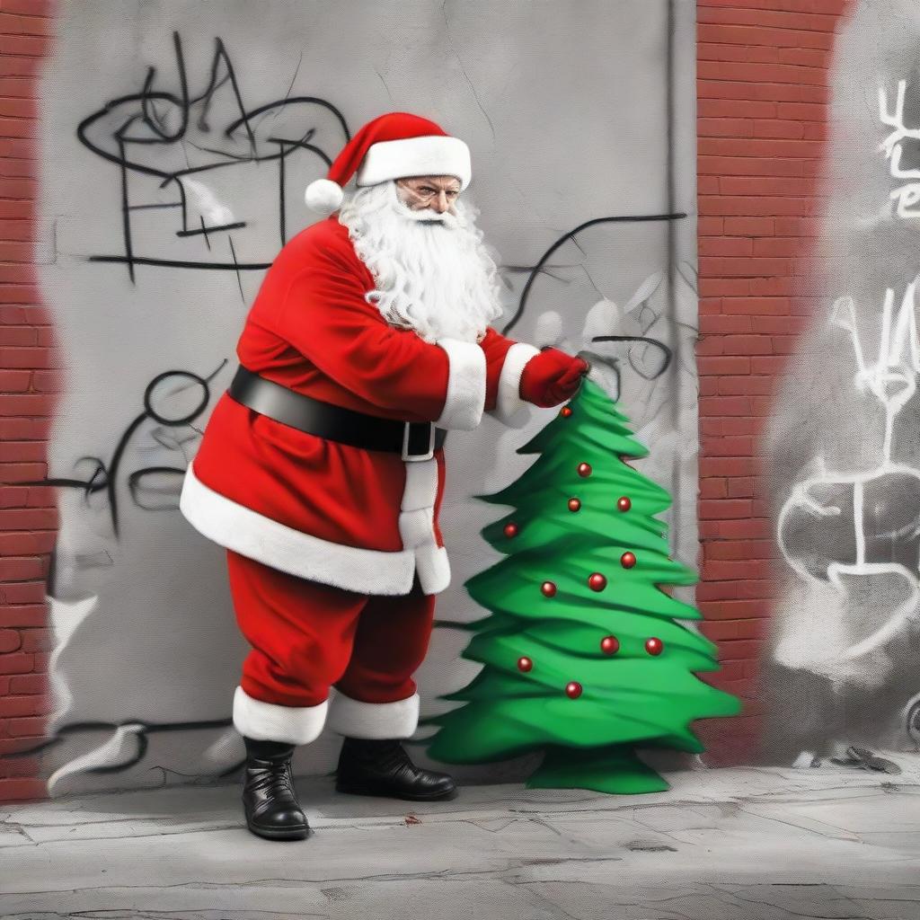 Santa Claus in his iconic red suit, actively creating a graffiti-style Christmas tree on a blank public wall in an urban backdrop