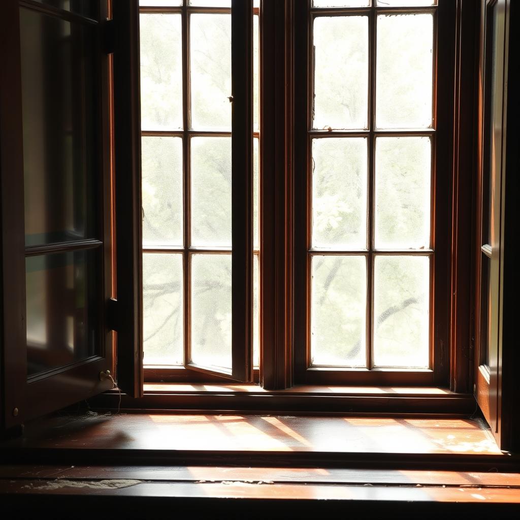 A Victorian windowsill made of dark polished wood located in an old mansion